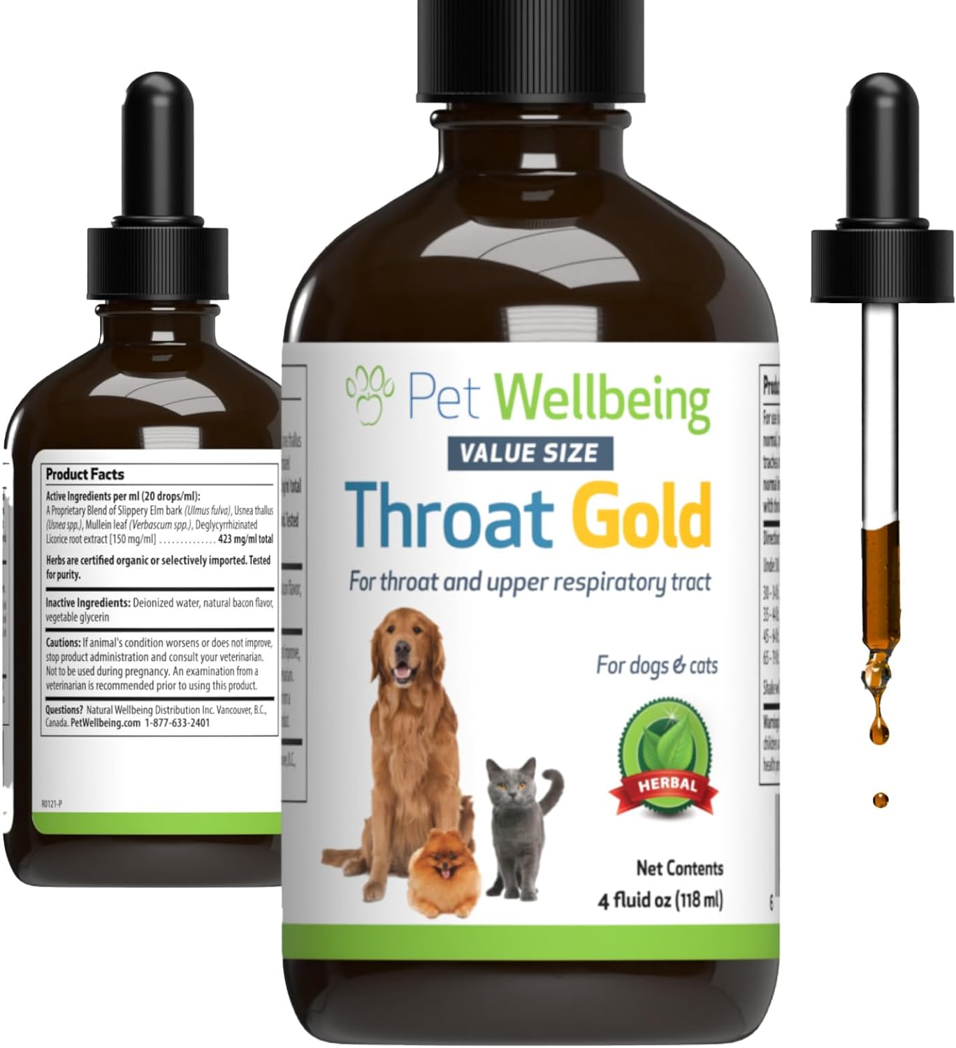 Pet Wellbeing Throat Gold for Dogs - Vet-Formulated - Soothes Kennel Cough Discomfort, Throat Hoarseness, Leash Strain - Natural Herbal Supplement 4 oz (118 ml)