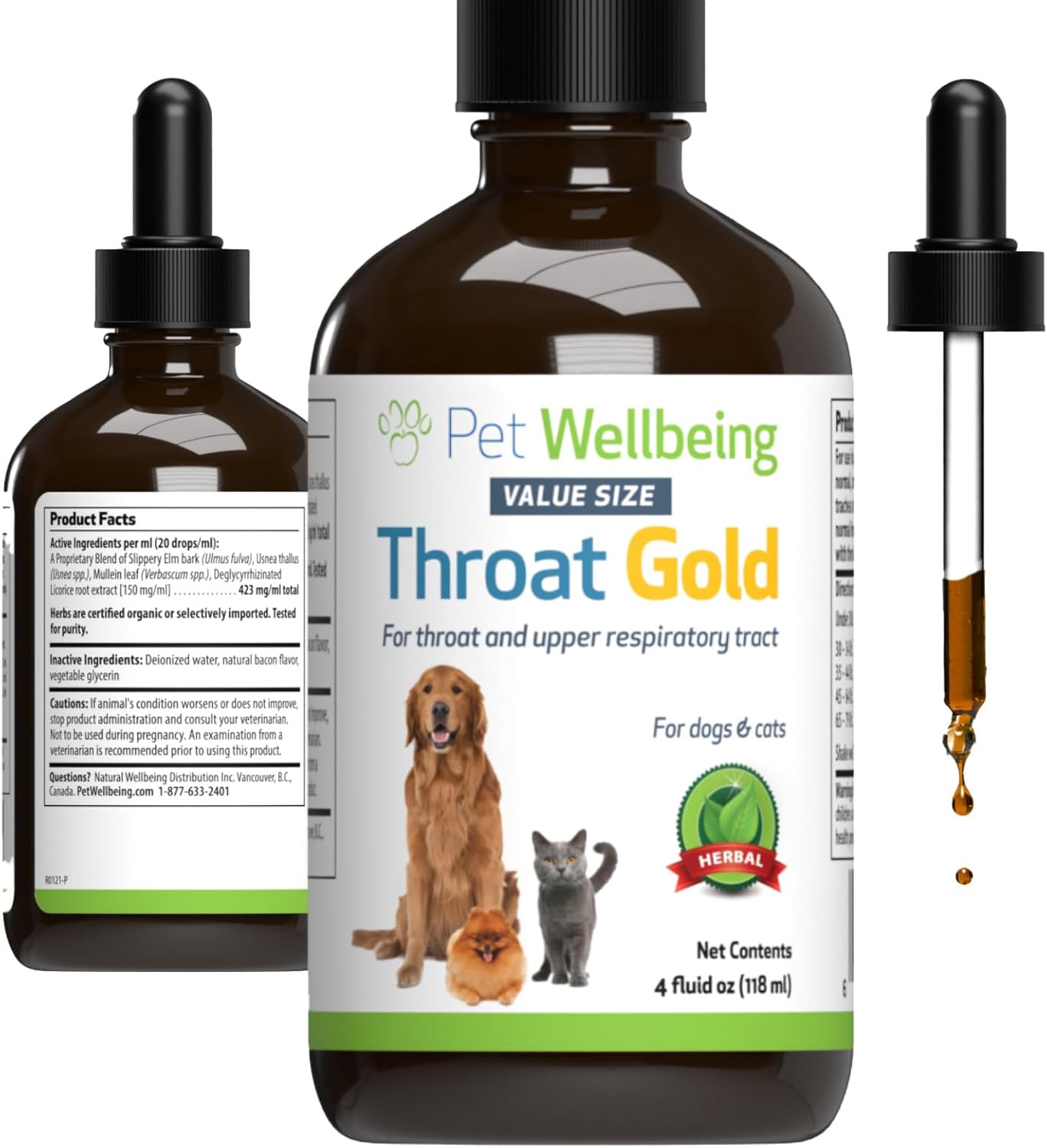 Pet Wellbeing Throat Gold For Dogs - Vet-Formulated - Soothes Kennel Cough Discomfort, Throat Hoarseness, Leash Strain - Natural Herbal Supplement 4 Oz (118 Ml)
