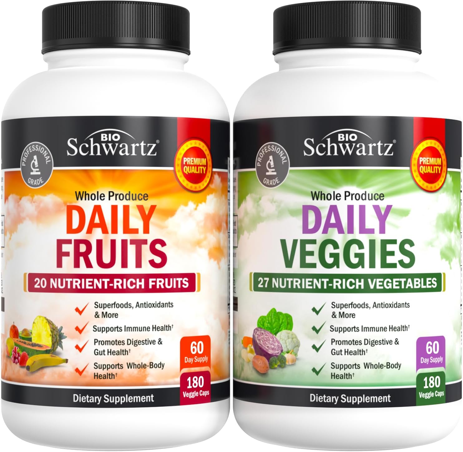 Daily Fruits And Veggies Supplement For Women And Men - 47 Whole Food Fruits And Vegetables - Diverse Natural Balance Of Vitamins Minerals And Noni - 180 Fruit Capsules, 180 Veggie Capsules (2 Pack)