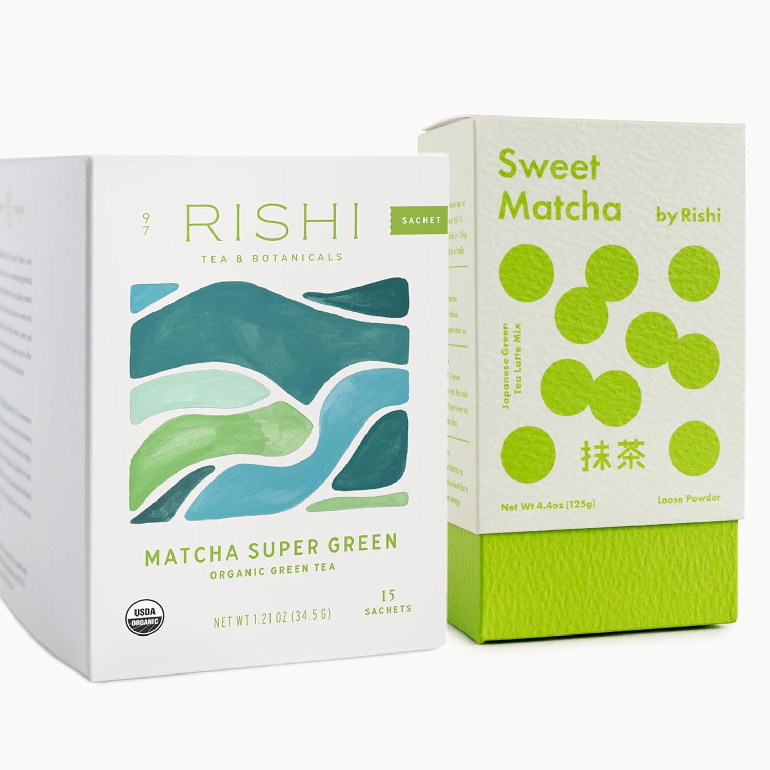 Rishi Tea Sweet Matcha Powder & Matcha Super Green Sachet Tea Bundle - Organic Japanese Green Tea, Sweetened & Unsweetened, For Hot Or Iced Matcha Latte - 4.4 Ounces & 15 Count