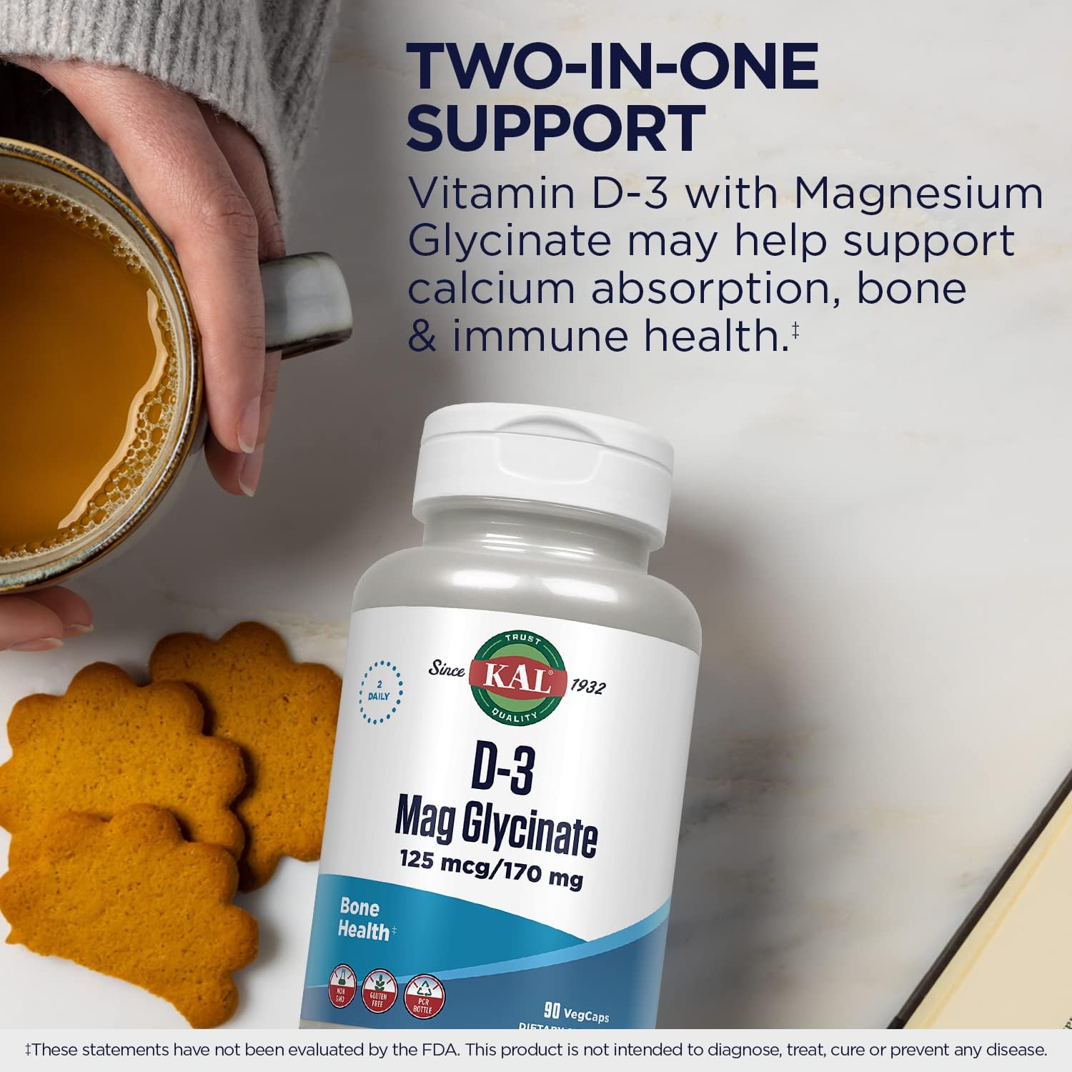 KAL Vitamin D3 & Magnesium Glycinate, Enhanced Absorption Formula with BioPerine, Muscle & Bone Health Support, Immune Support & More, Non-GMO, Gluten Free, 45 Servings, 90 VegCaps : Health & Household