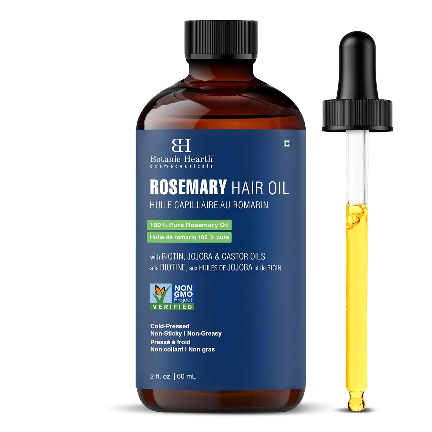 Botanic Hearth 100% Pure Rosemary Oil For Hair (2 Fl Oz) Infused With Biotin, Jojoba & Castor Oil | Hair Strengthening Treatment | Nourishing & Volumizing | Non Gmo Verified | With Applicators