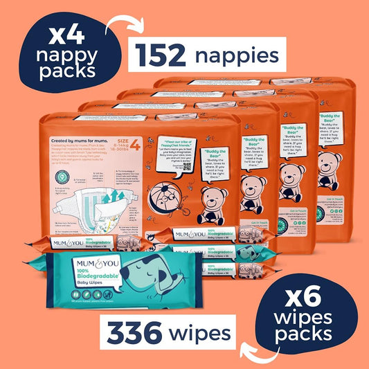 Bulk Size 4 Nappy & Baby Wet Wipe Multi-Pack Bundle (152 Eco-Nappies & 336 Wipes)