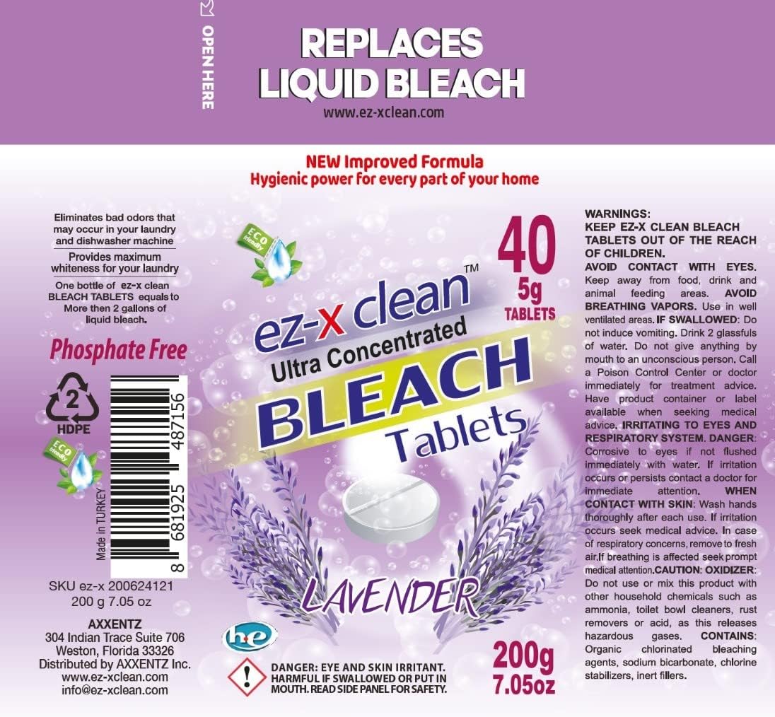 EZ-X CLEAN Ultra Concentrated Water Activated Bleach Tablets for Laundry and Multipurpose Cleaning. 40 Tablets 7.05 OZ Phosphate Free Replaces Liquid BLEACHES (Lavender) : Health & Household