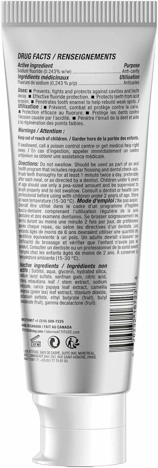 Attitude Toothpaste With Fluoride, Prevents Tooth Decay And Cavities, Vegan, Cruelty-Free And Sugar-Free, Blueberry, 4.2 Oz