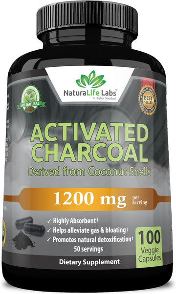 Activated Charcoal Capsules - 1,200 mg Highly Absorbent Helps Alleviate Gas & Bloating Promotes Natural detoxification Derived from Coconut Shells - per Serving - 100 Vegan Capsules