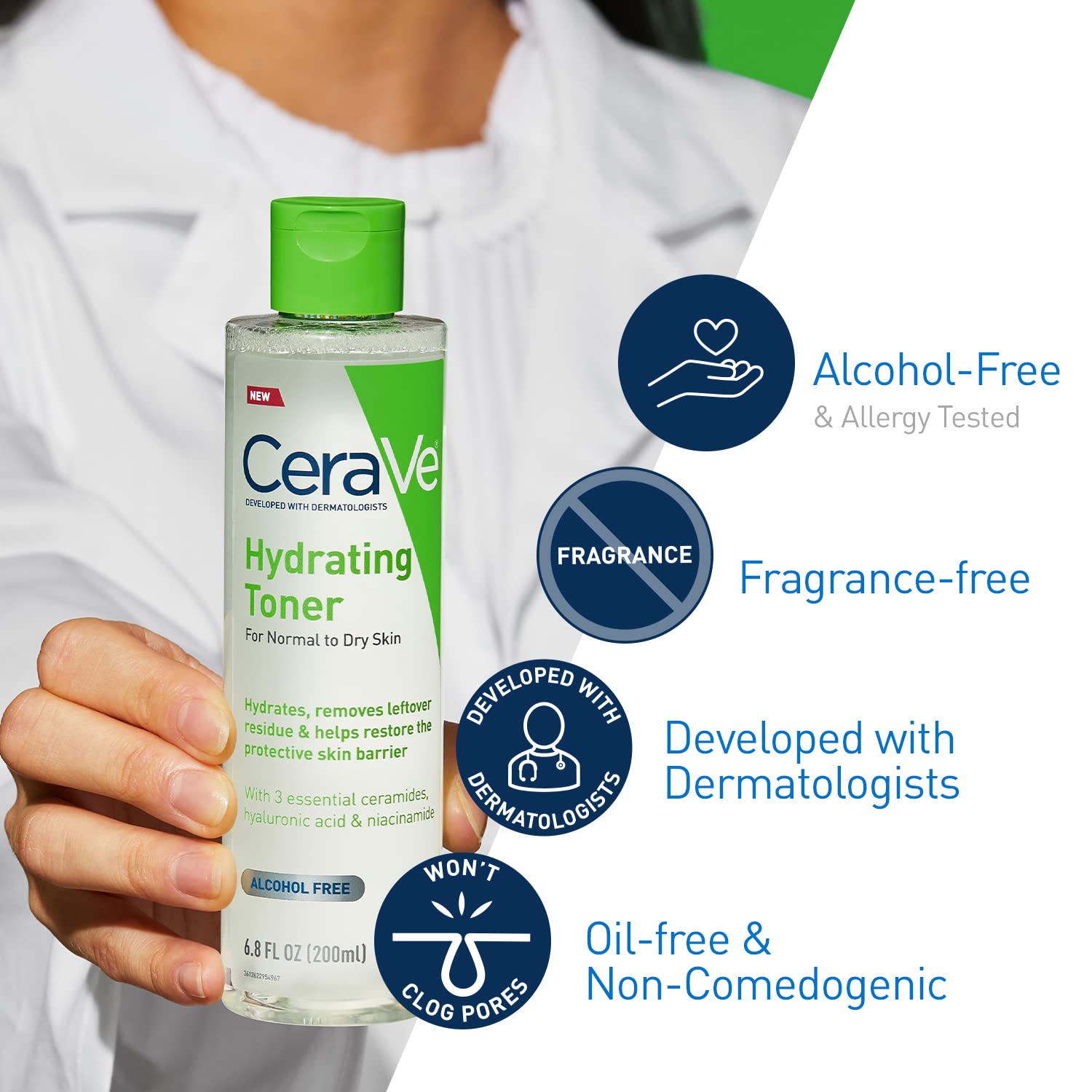 Cerave Hydrating Toner For Face Non-Alcoholic With Hyaluronic Acid, Niacinamide, And Ceramides For Sensitive Dry Skin, Fragrance-Free Non Comedogenic, Full Size, 6.8 Fl Oz