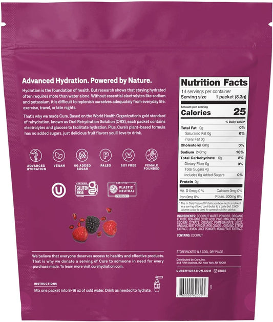 Cure Hydrating Plant Based Electrolyte Mix | FSA & HSA Eligible | Powder for Dehydration Relief | Made with Coconut Water | Non-GMO | No Added Sugar | Vegan | Pouch of 14 Packets - Berry Pomegranate