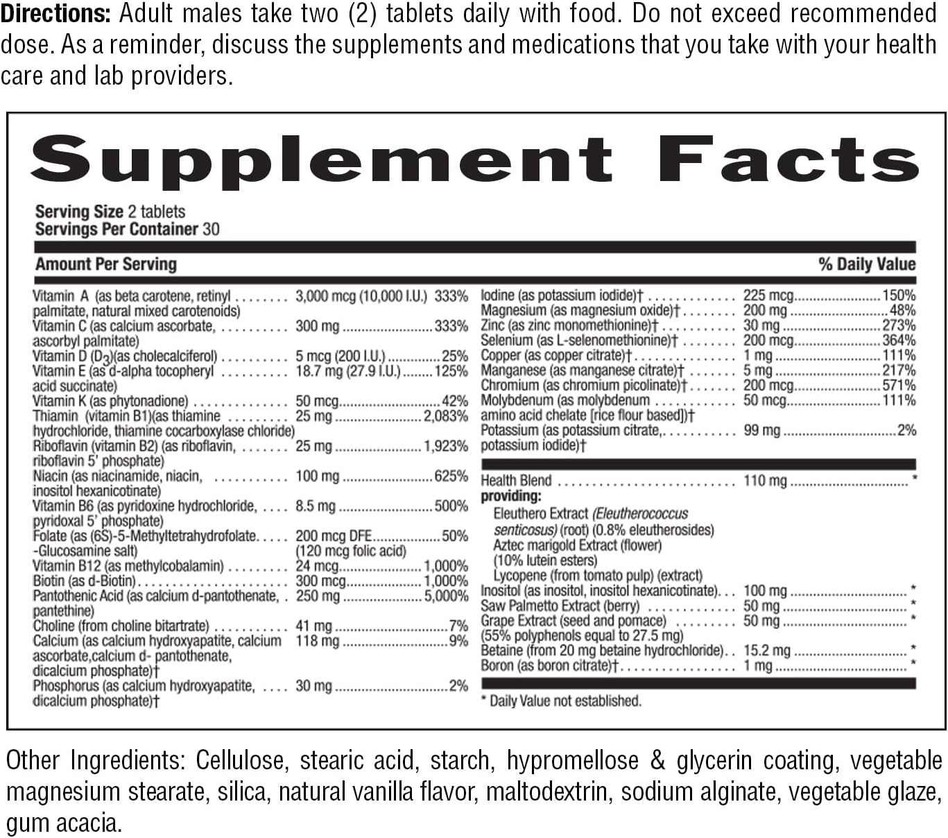 Country Life Max For Men, Multivitamin & Mineral Complex, Iron-Free, Vegetarian Tablets, 60 Count, Certified Gluten Free, Certified Vegetarian : Health & Household