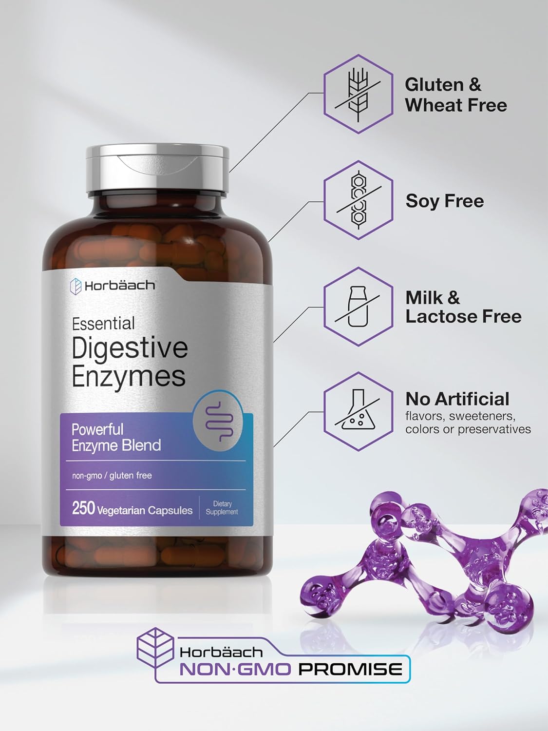 Horbäach Essential Digestive Enzymes | 250 Capusles | Powerful Enzyme Blend for Men & Women | Non-GMO & Gluten Free Supplement : Health & Household