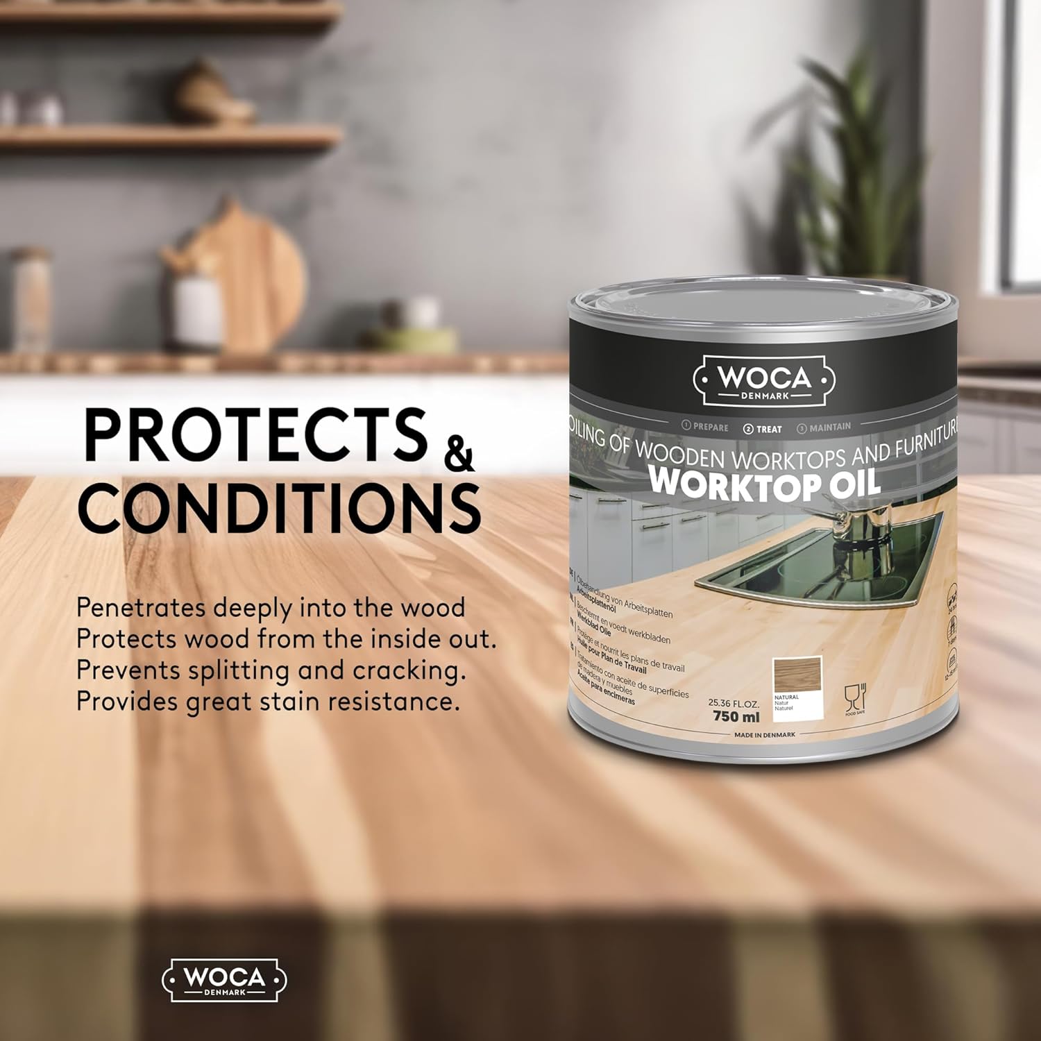 WOCA Denmark Worktop Oil Natural |750 ml| Finish & Restore Wood Butcher Block countertops, Cutting Boards, Kitchen Furniture and Other Wood Items Naturally. Food Contact Safe : Health & Household
