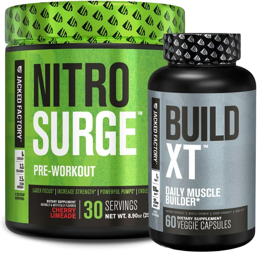 Jacked Factory Nitrosurge Pre-Workout In Cherry Limeade & Build Xt Muscle Building Bundle For Men & Women