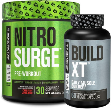 Jacked Factory Nitrosurge Pre-Workout In Cherry Limeade & Build Xt Muscle Building Bundle For Men & Women