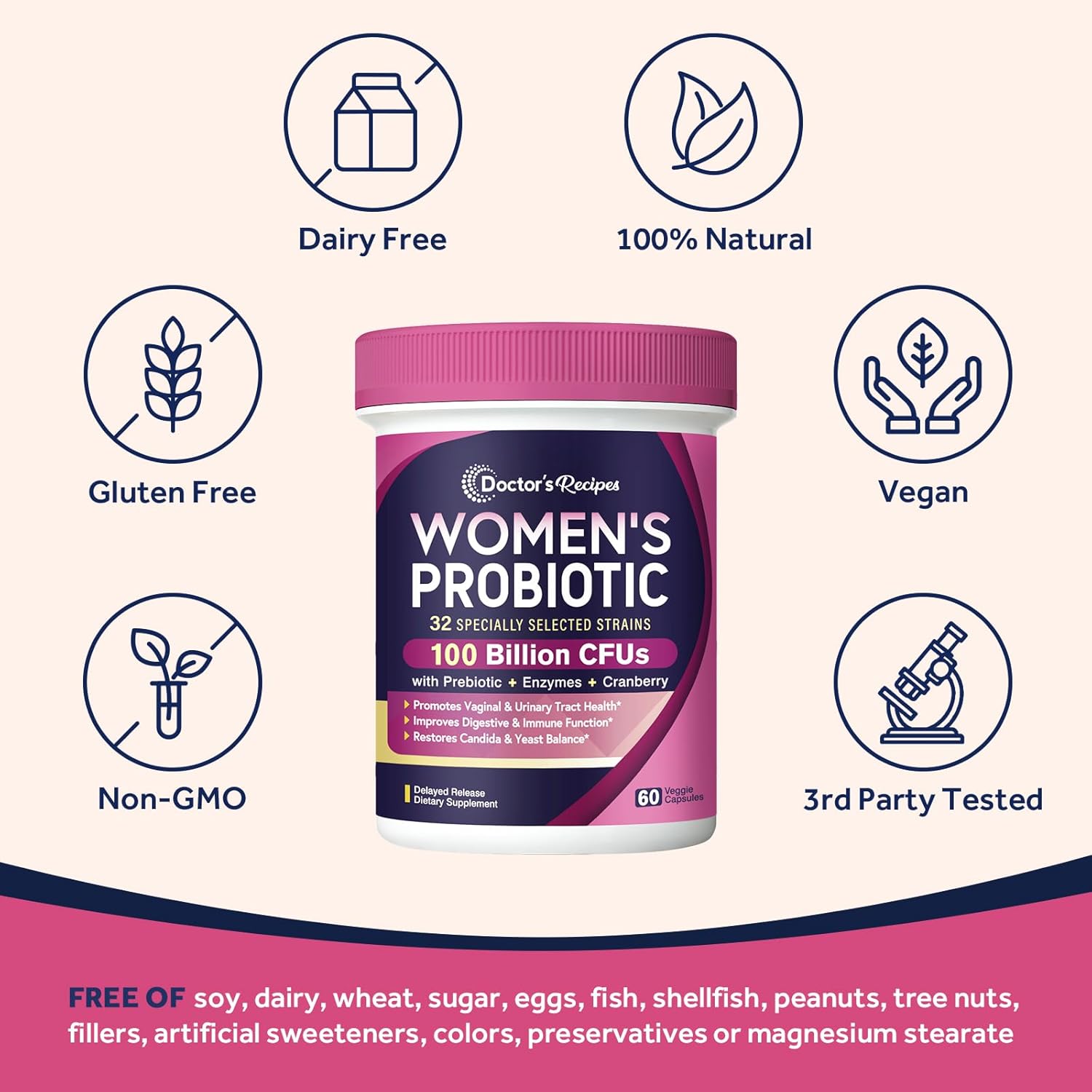 Doctor'S Recipes Probiotics For Women, 100 Billion Cfu 32 Strains, With Prebiotic Fiber, Enzymes & Cranberry, Vaginal Urinary Digestive & Immune, No Yeast, Shelf Stable, Delayed Release, 60 Caps : Health & Household