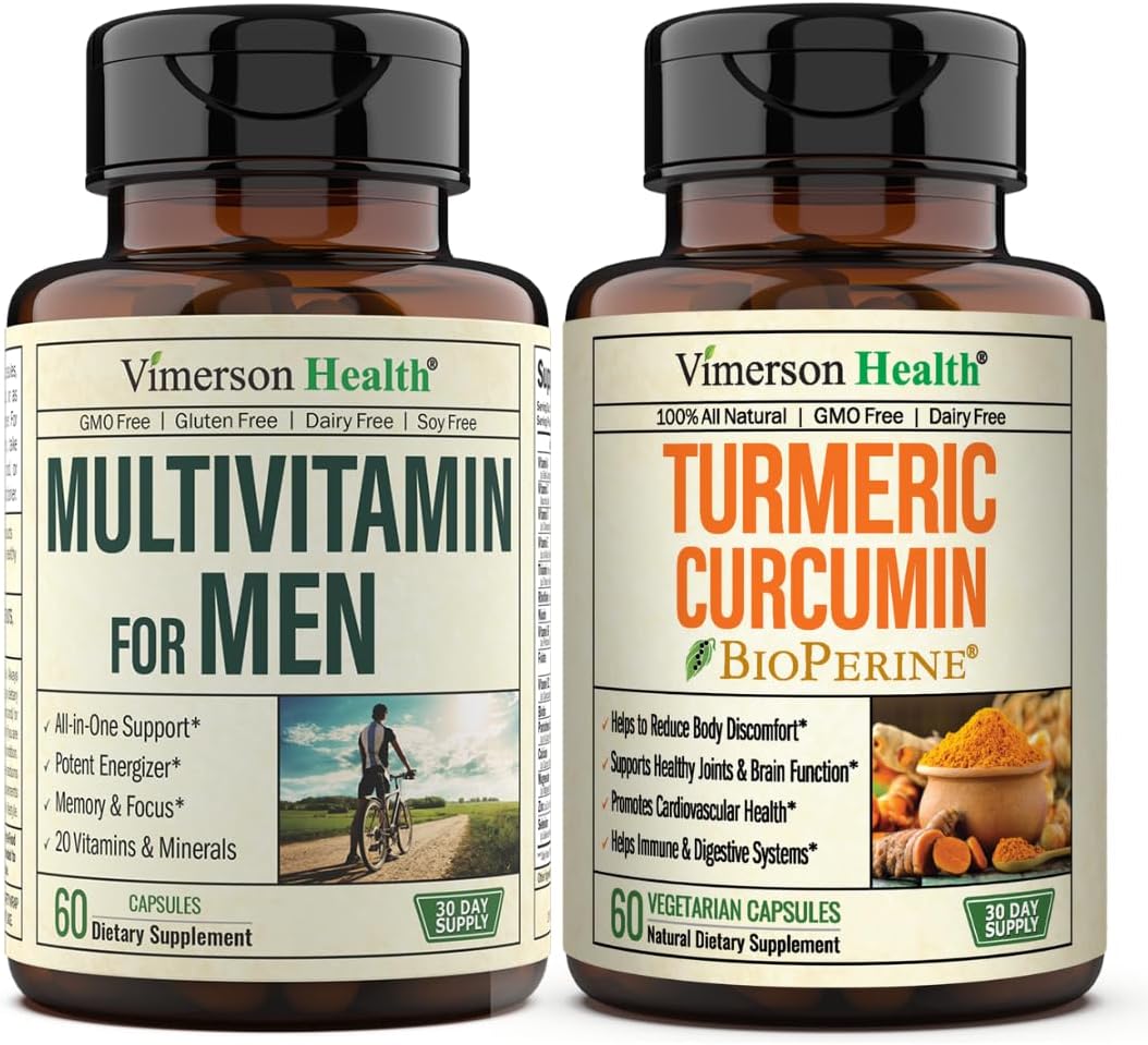 Vimerson Health Mens Multivitamins + Turmeric Curcumin with BioPerine 10 mg Bundle. Joint Support and Inflammatory Balance, Immune Support, Antioxidant Properties for Him