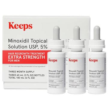 Keeps Extra Strength Minoxidil for Men Topical Hair Growth Serum, 5% Solution Hair Loss Treatment - 3 Month Supply (3 x 2oz Bottles with Dropper) - Slows Hair Loss & Promotes Thicker Hair Regrowth