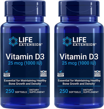 Life Extension Vitamin D3 25 Mcg (1000 Iu), Immune System Support, Bone Health, Whole-Body Health, Value Size, Gluten-Free, Non-Gmo – Two Pack - 2 X 250 Softgels
