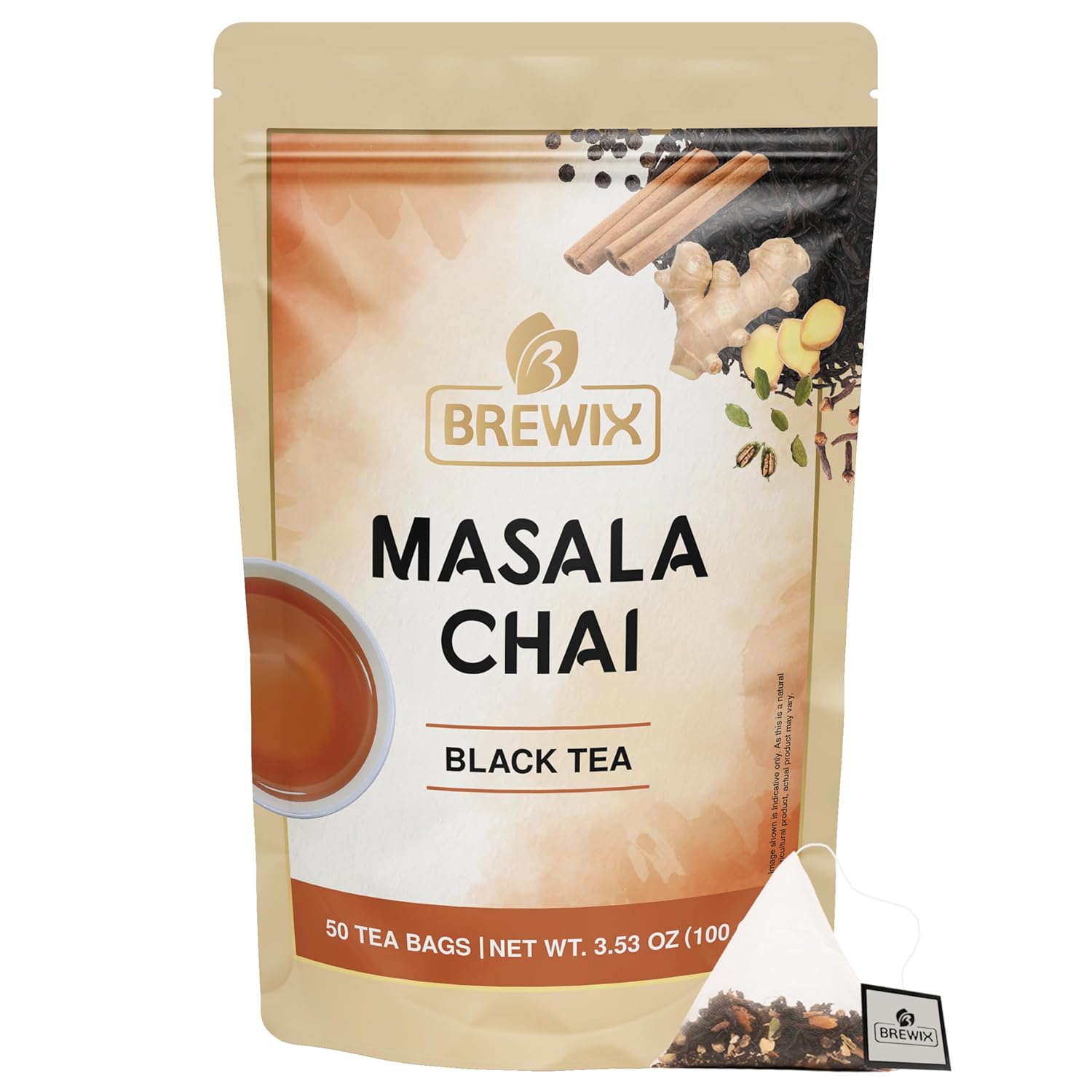 Brewix, Masala Chai Tea Bags (50 Pyramid Tea Bags) Strong, Robust & Spicy - Pure Ingredients | Black Tea, Cinnamon, Ginger, Black Pepper, Cardamom & Cloves, Packed In Resealable Ziplock Pouch