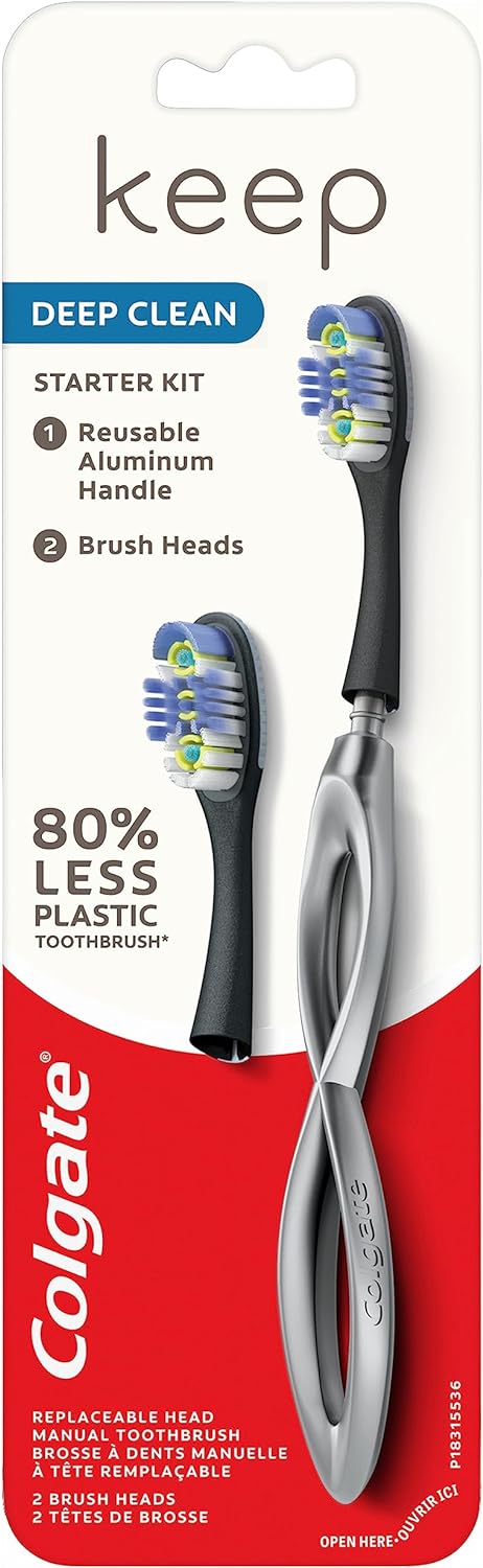 Colgate Keep Soft Manual Toothbrush for Adults with 2 Deep Clean Floss-Tip Brush Heads, Silver