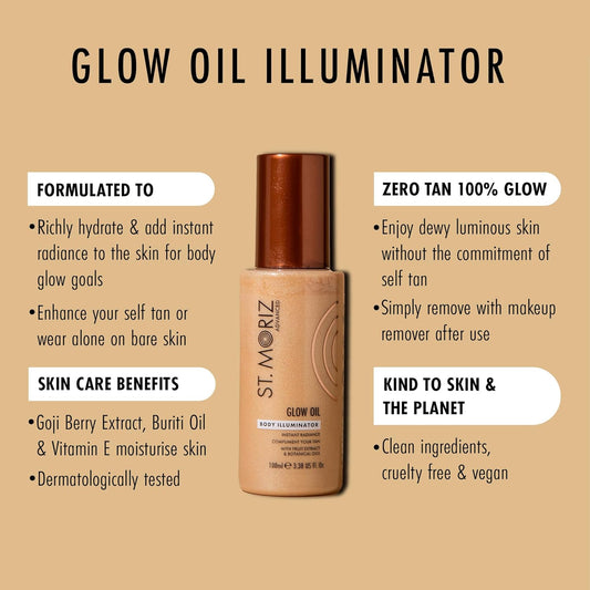 St Moriz Advanced Glow Body Oil | Body Illuminator For Instant Skin Radiance | Body Glow Enhancer | Shimmering Liquid Highlighter For Body | Compliments Your Tan | Vegan | Cruelty Free | 100Ml