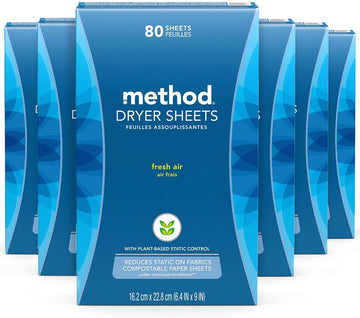 Method Dryer Sheets, Fresh Air, Fabric Softener And Static Reducer, Compostable And Plant-Based Laundry Essentials, 80 Count (Pack Of 6)