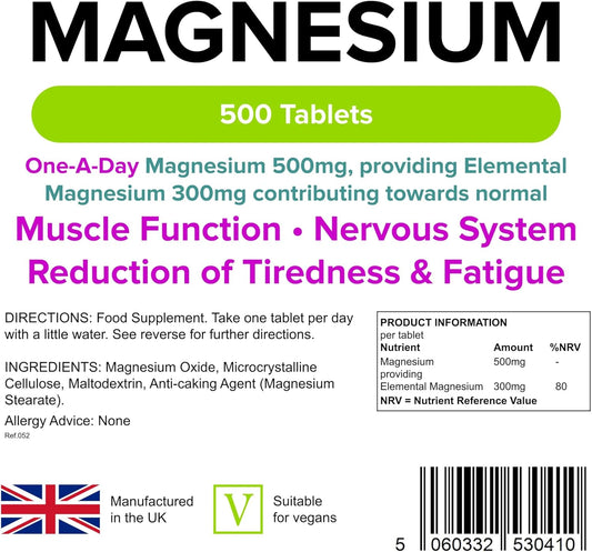 Lindens Magnesium 500mg, 500 Tablets - Reduces Tiredness & Fatigue, Supports Muscle & Nervous System Function - Bones & Teeth Health - UK Made, Vegan, GMP & Letterbox Friendly