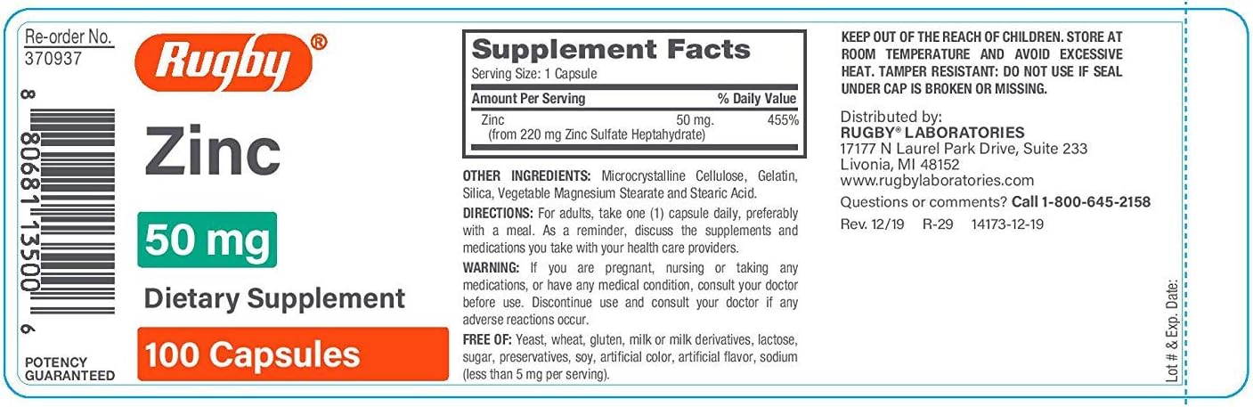 Rugby Zinc 50 Mg, 100 Count Capsules