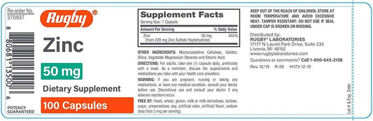 Rugby Zinc 50 Mg, 100 Count Capsules