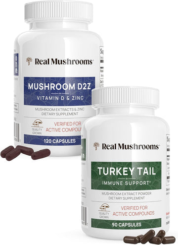 Real Mushrooms Vitamin D2, Zinc, Chaga, Reishi (120Ct) And Turkey Tail (90Ct) Bundle - Natural Immune Strength Supplement With Highest Levels Of Beta-Glucans - Vegan, Gluten Free, Non-Gmo