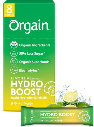 Orgain Organic Hydration Packets, Electrolytes Powder - Lemon Lime Hydro Boost With Superfoods, Vegan, Gluten-Free, No Soy Ingredients, Non-Gmo, Less Sugar Than Sports Drinks, 8 Count