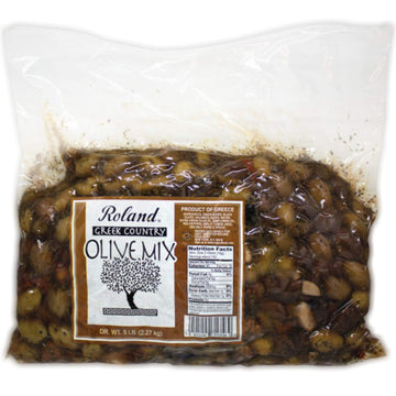 Roland Foods Greek Country Olive Mix, Whole Olives Marinated with Garlic and Pepperoncini Peppers, Specialty Imported Food, 5-Pound Bag