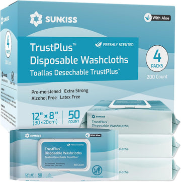 SUNKISS Trustplus Wet Wipes for Adult, Extra Thick 20 x 30 cm Body Cleaning Wipes with Aloe for Incontinence & Cleansing, Fresh Scent, 200 Count (4 Packs of 50)