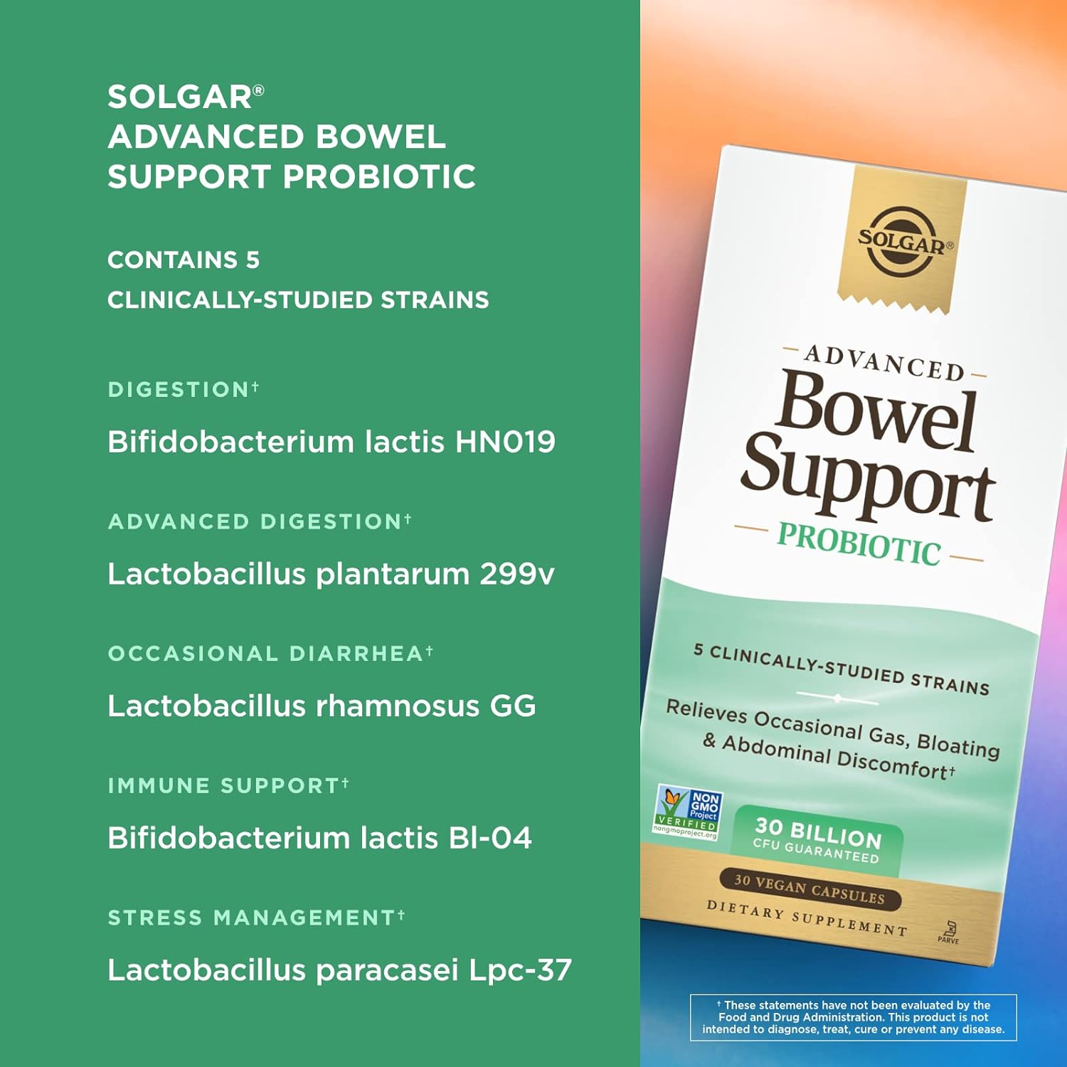 Solgar Advanced Bowel Support Probiotic, 30 Vegan Capsules - 30 Billion CFU - 5 Clinically-Studied Strains - for Occasional Gas, Bloating & Abdominal Discomfort - Non-GMO & Vegan, 30 Servings : Health & Household