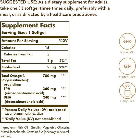 Solgar Double Strength Omega-3 700 mg, 120 Softgels - Fish Oil Supplem