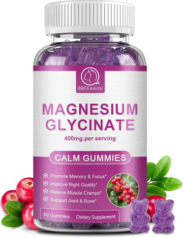 Magnesium Glycinate Gummies 400 Mg, High Absorption Magnesium Glycinate Supplement With Potassium, Calcium, Vitamin D, B6 & Coq10 For Night, Muscle, Energy Support Cranberry Flavor (60 Count)