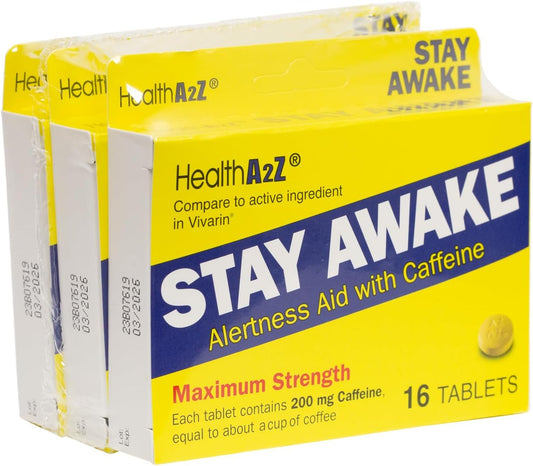 Healtha2Z® Stay Awake | 200 Mg Caffeine | Alertness Aid With Caffeine | 3 Packs Of 16 Tabelts (48 Tablets Total) | Maxium Strength