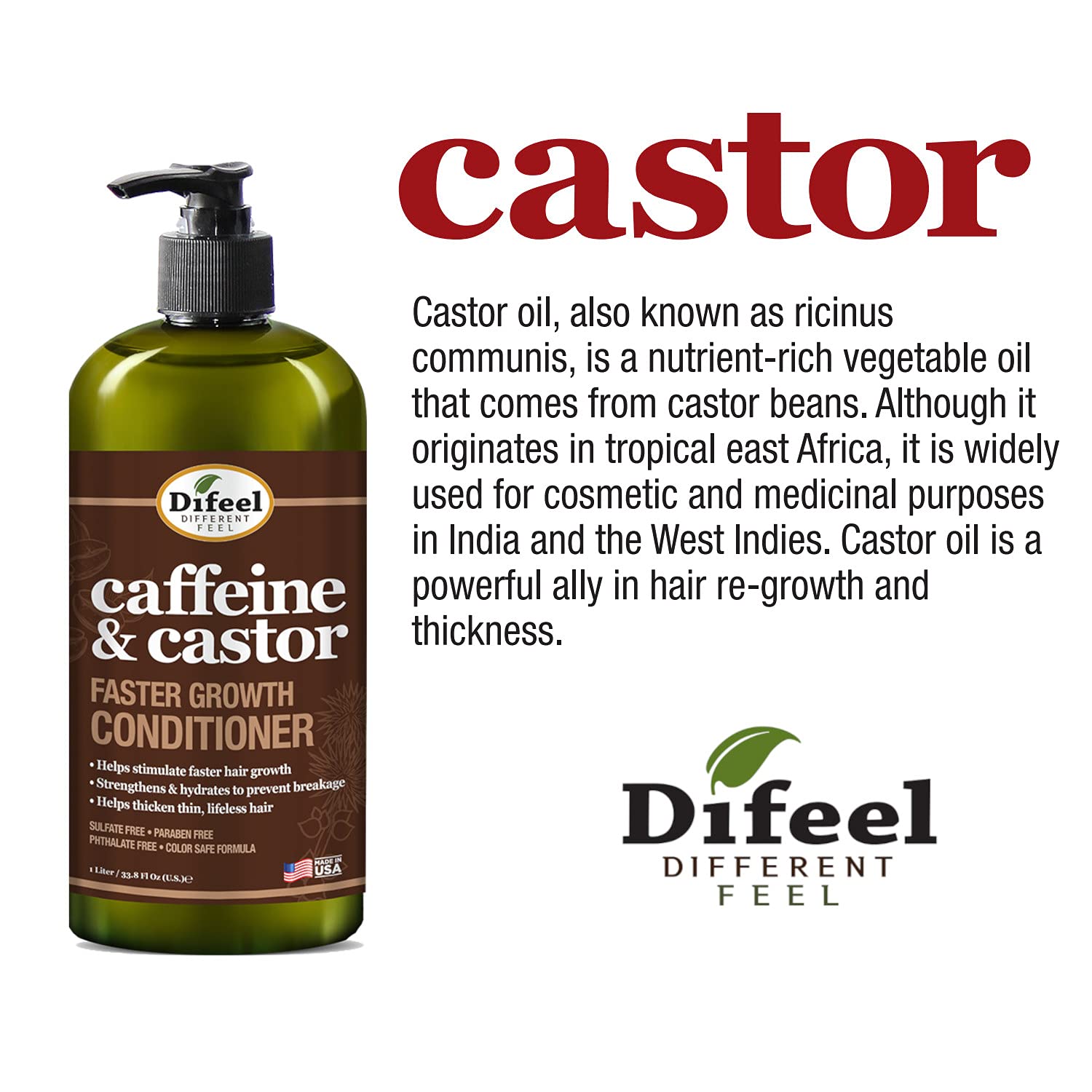 Difeel Caffeine & Castor Conditioner for Faster Hair Growth 33.8 oz. : Beauty & Personal Care