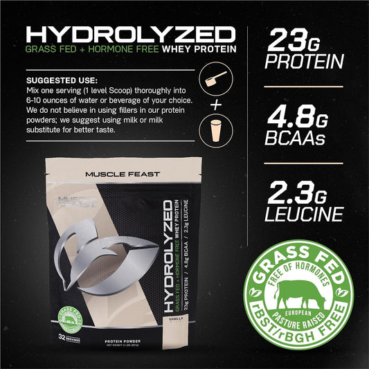 Muscle Feast Grass-Fed Hydrolyzed Whey Protein Powder, All Natural Hormone-Free, Vanilla, 2Lb