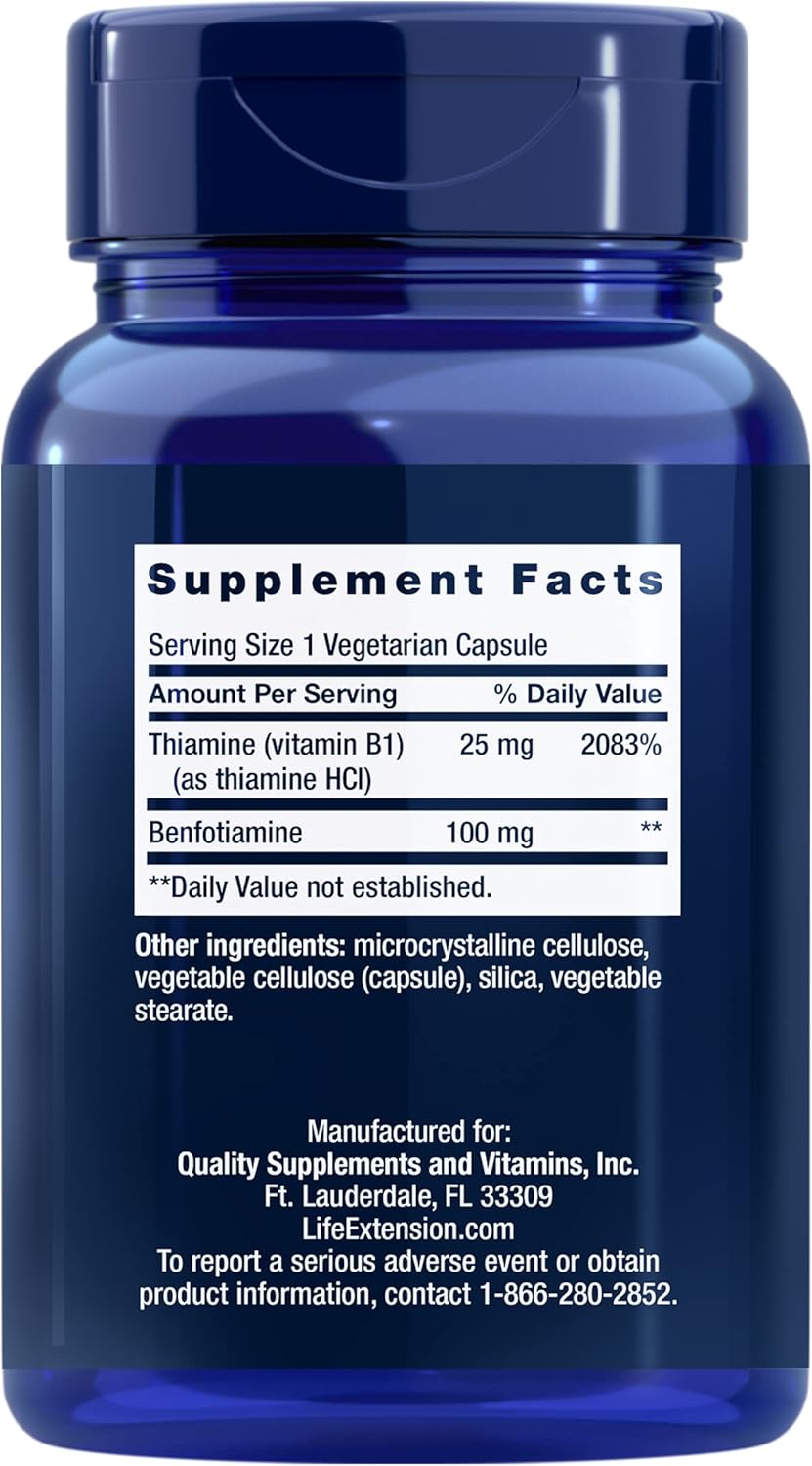 Life Extension Benfotiamine with Thiamine, 100 mg - Water & Fat Soluble Vitamin B1 Supplement For Glucose Blood Sugar Level and Nerve Health Support - Gluten-Free, Non-GMO, Vegetarian - 120 Capsules