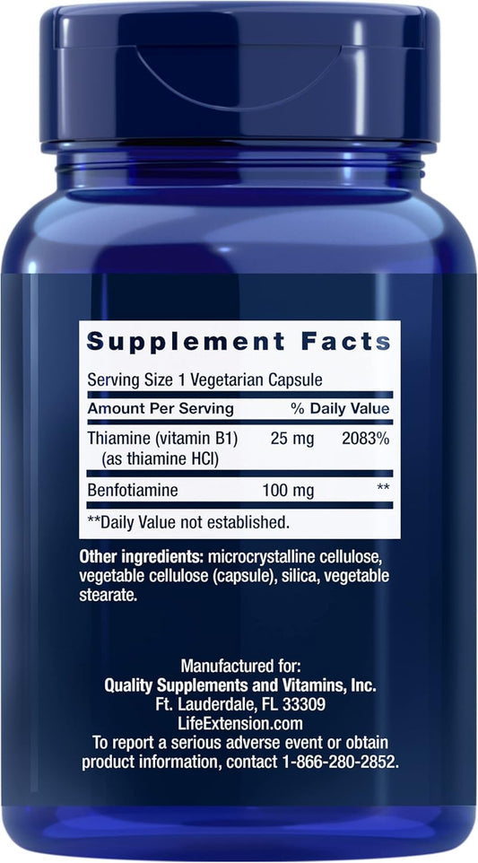 Life Extension Benfotiamine with Thiamine, 100 mg - Water & Fat Soluble Vitamin B1 Supplement For Glucose Blood Sugar Level and Nerve Health Support - Gluten-Free, Non-GMO, Vegetarian - 120 Capsules