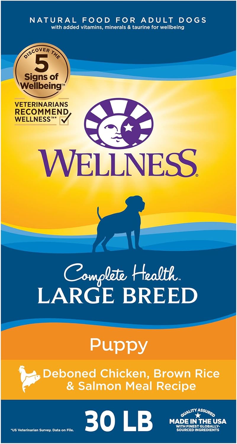 Wellness Complete Health Large Breed Dry Dog Puppy Food With Grains, Natural Ingredients, Made In Usa With Real Meat (Puppy, Chicken, Salmon & Rice, 30-Pound Bag)