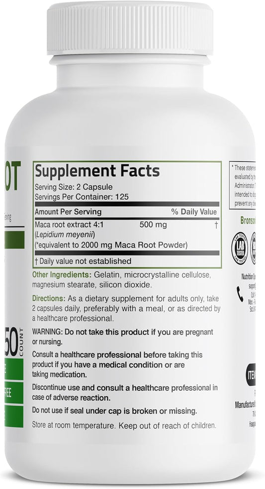 Bronson Maca Root (From 500Mg 4:1 Extract Equivalent To 2000Mg Per Serving), Lepidium Meyenii - Non-Gmo, 250 Vegetarian Capsules