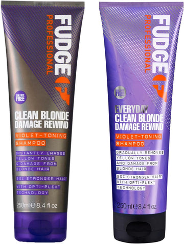 Fudge Professional Clean Blonde Damage Rewind Haircare Duo, Intense Purple Toning Routine, Shampoo And Conditioner Set For Blonde Hair, 2 X 250 Ml
