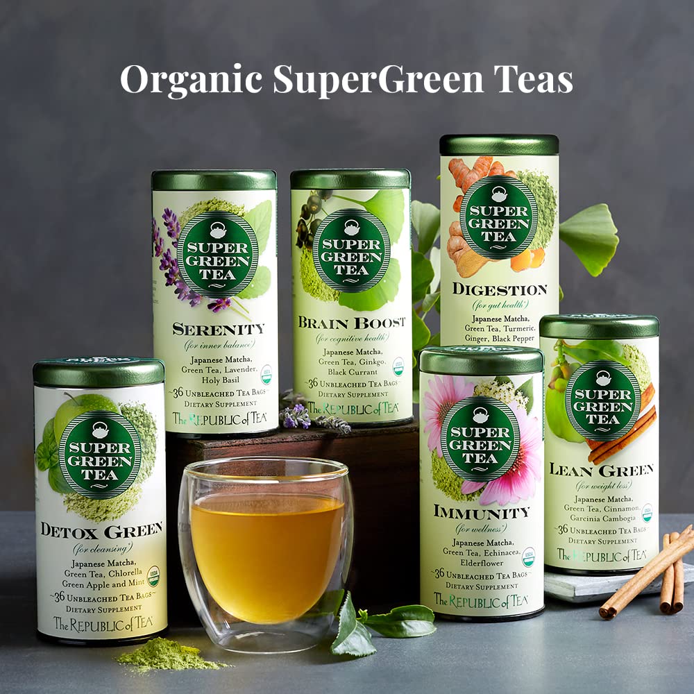 The Republic Of Tea - Organic Digestion Supergreen Tea Tin, 36 Tea Bags, Naturally Caffeinated Japanese Matcha And Green Tea