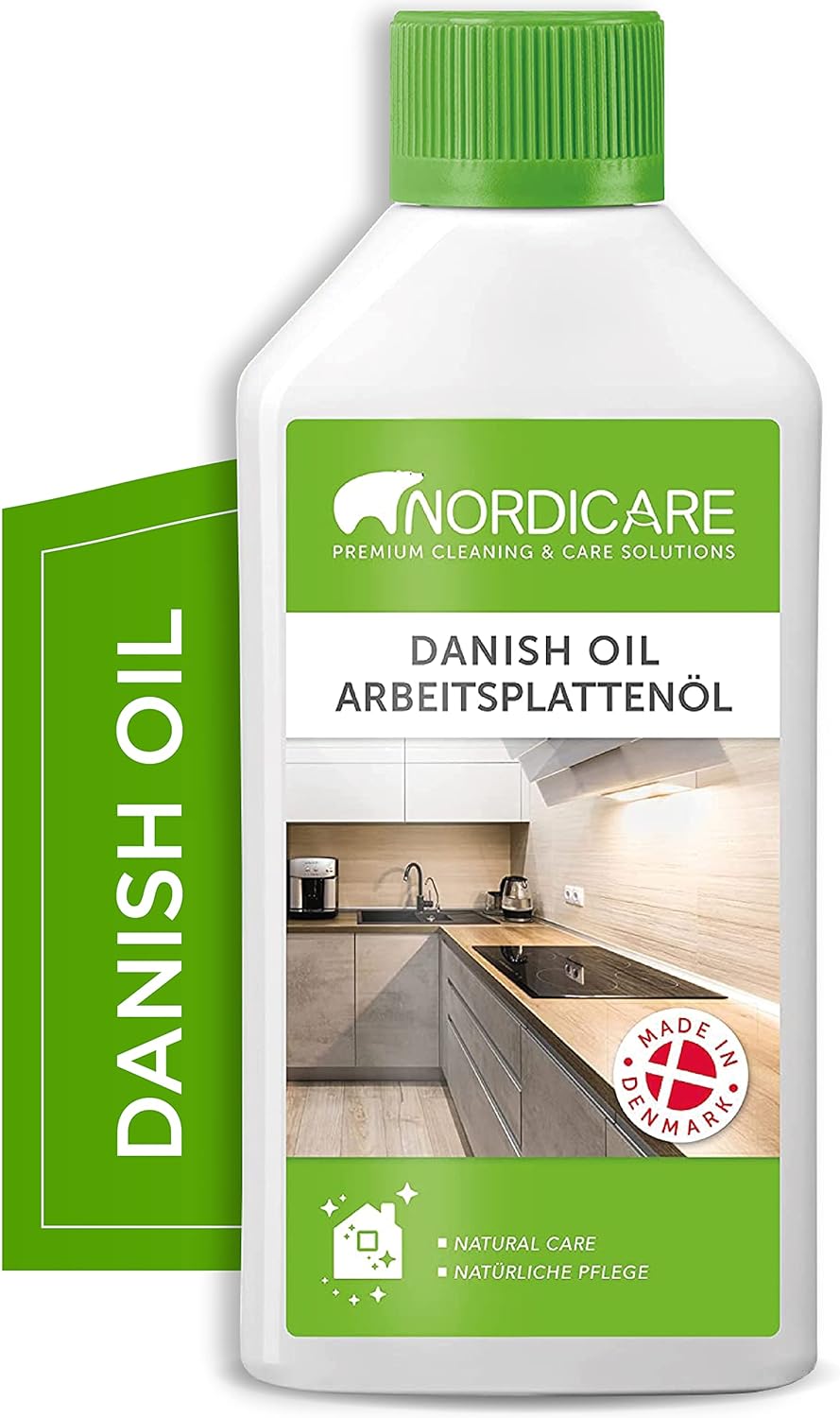 Danish Oil for Wood by Nordicare - Danish Oil Underlines The Natural Structure of The Wood (Oak, Cherry, Pine and More) - Wood Oil for Wooden Worktops - Made in Denmark (500ml)