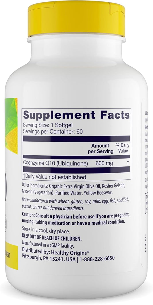 Healthy Origins® Coq10 600 Mg – Natural Trans-Isomer Ubiquinone – Yeast Fermented, Supports Heart Health & Cellular Energy – Non-Gmo 60 Softgels