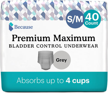 Because Premium Maximum Incontinence Underwear For Men - Heavy Bladder Leak Protection, Ideal For Overnight Leakage, Sleek, Invisible Fit, Grey, Small/Medium -Absorbs 4 Cups - 40 Count (2 Packs Of 20)