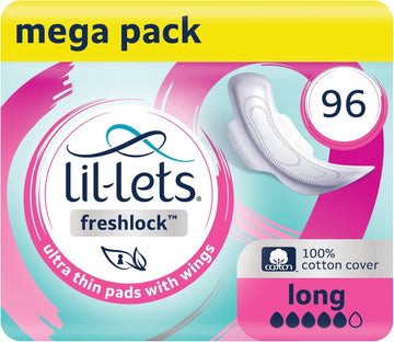 Lil-Lets Freshlock™ Ultra Thin Period Pads - 96 Count, Long Absorbency, with Wing, 8 Packs of 14 Pads - Bulk Pack, Unscented, 100% Cotton Cover, Super Absorbency Sanitary Towels