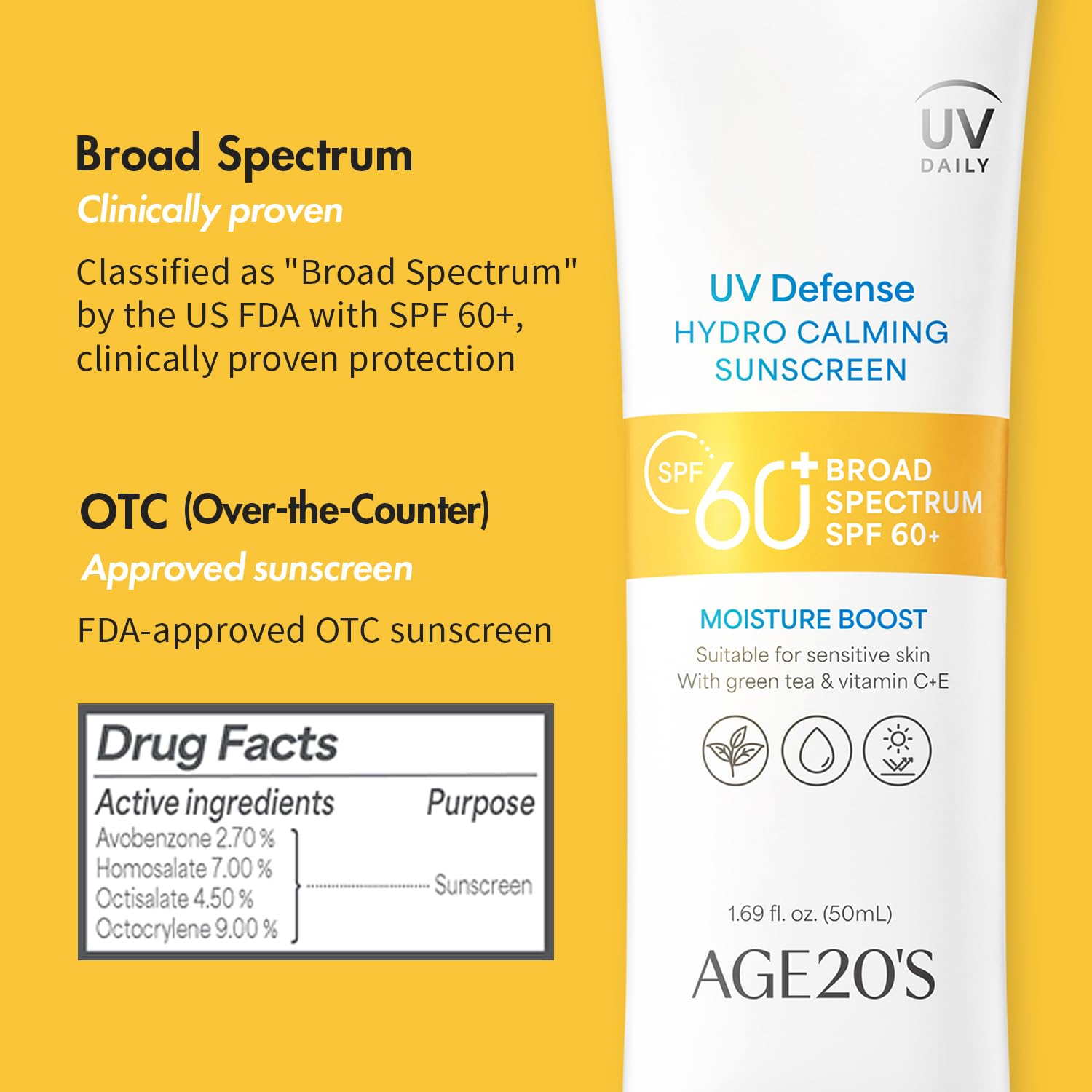 Age20'S Uv Defense Hydro Calming Sunscreen Spf 60+ | Korean Sunscreen | Moisturizing Creamy Formula, No White Cast, Lightweight Finish | Green Tea + Aloe Vera | Dermatest Excellent | 1.69 Fl.Oz*2