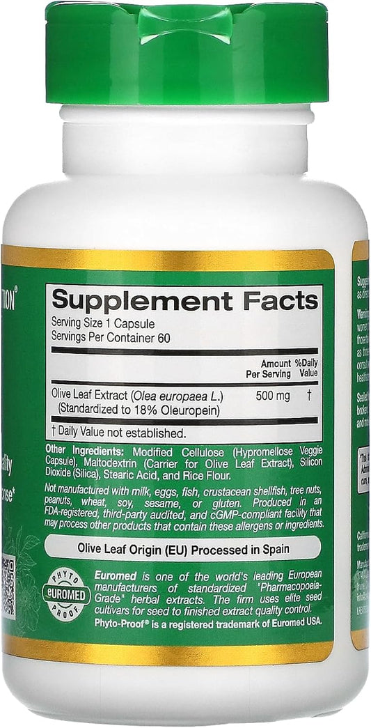 Olive Leaf Extract 500 Mg, 18% Oleuropein, Processed In Spain, 3Rd Party Tested European Quality, 60 Veggie Capsules, California Gold Nutrition Euroherbs